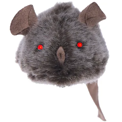 Grey plush mouse toy with brown felt ears and tail, glowing red eyes, and a fabric nose, shown on a white background.
