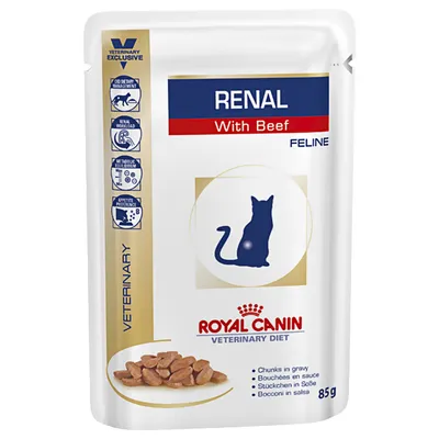 Royal Canin Veterinary Diet Renal mit Rind für Katzen, 85g. Speziell für Nierenmanagement, Stückchen in Sosse. Veterinär exklusiv.