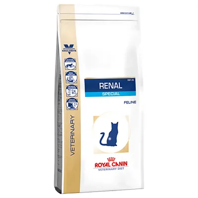 Royal Canin Veterinary Diet Renal Special Feline, Diätfutter für Katzen mit Nierenproblemen. Verpackung zeigt Produktname und Icons zu Funktionen wie Appetitanregung und Stoffwechselunterstützung.