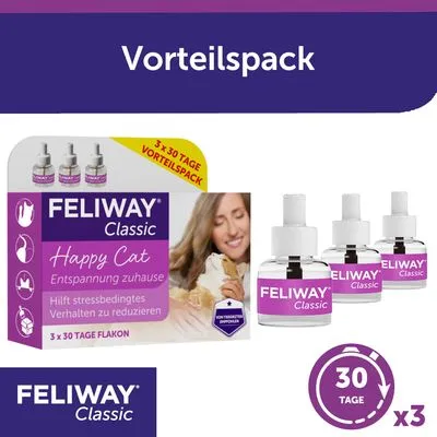 FELIWAY Classic Happy Cat, embalagem de 3 recargas de 30 dias. Texto em alemão: Entspannung zuhause, Hilft stressbedingtes Verhalten zu reduzieren. Oferta Vorteilspack.