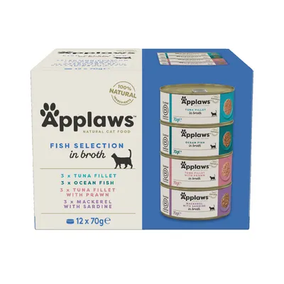 Applaws Natural Cat Food, Fish Selection in Broth. Inhoud: 3x tonijnfilet, 3x zeevis, 3x tonijnfilet met garnaal, 3x makreel met sardine. Verpakking: 12x70g, 100% natuurlijke ingrediënten.