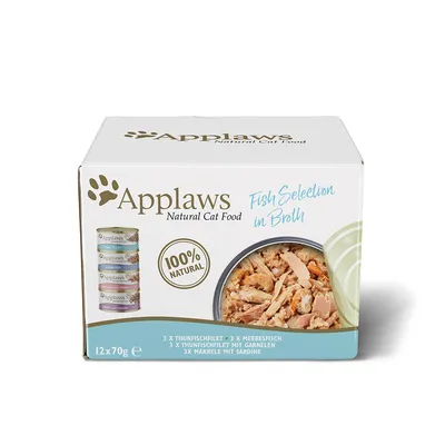 Applaws Natural Cat Food, Fish Selection in Broth, 100 % luonnollinen. Sisältö: 3x tonnikalafilee, 3x merikala, 3x tonnikalafilee katkaravuilla, 3x makrilli sardiinilla. Pakkaus 12x70g.
