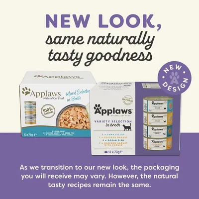 Text: NEW LOOK, same naturally tasty goodness. Applaws Natural Cat Food packaging old and new designs shown. Note: packaging may vary but recipes remain the same.