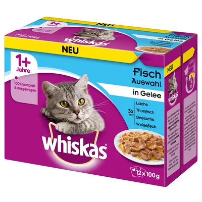 Whiskas Fisch Auswahl in Gelee, 12×100g, pro kočky od 1 roku. Lachs, Thunfisch, Seelachs, Weissfisch. 100% komplett & ausgewogen. NEU. Obraz misky s krmivem a fotografie kočky.