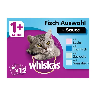 Whiskas Fisch Auswahl in Sauce, 1+ Jahre, balení 12 ks. Obsahuje: Lachs, Thunfisch, Seelachs, Weissfisch. Text v němčině.