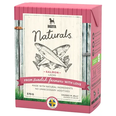 Упаковка Bozita Naturals Salmon 370 г, надписи: made with natural ingredients, no unnecessary additives, chunks in jelly, from Swedish farmers with love, made in Sweden.
