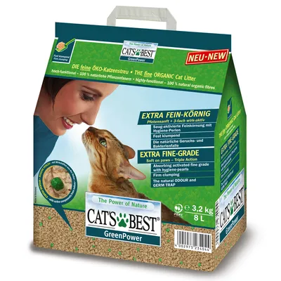 Cats Best GreenPower kattsand, extra finkornig, absorberande med hygienpärlor, fast klumpbildande, naturlig lukt- och bakteriefälla, 3,2 kg, 8 l.