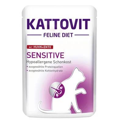 Kattovit Feline Diet Sensitive s kuracím a kačacím. Hypoalergénna diétna strava s vybranými zdrojmi bielkovín a sacharidov.