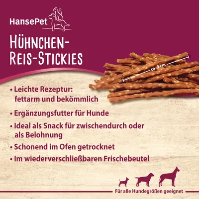 HansePet Hühnchen-Reis-Stickies. Ergänzungsfutter für Hunde, fettarm und bekömmlich, ideal als Snack oder Belohnung, schonend im Ofen getrocknet, im Frischebeutel. Für alle Hundgrössen geeignet.