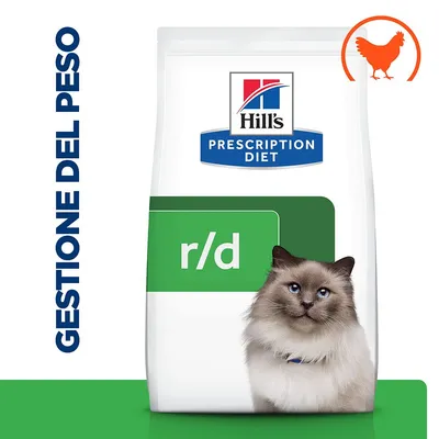 Hill's Prescription Diet r/d per gatti, gestione del peso, immagine di un gatto e simbolo arancione di pollo in alto a destra
