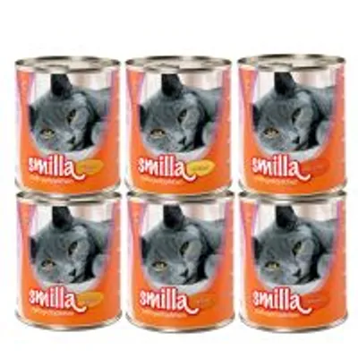 6 lattine di cibo per gatti Smilla, etichetta arancione con immagine di gatto grigio e scritta 'smilla'.