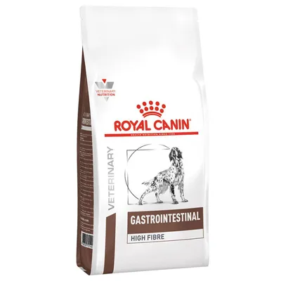 Confezione Royal Canin Veterinary Gastrointestinal High Fibre, immagine di cane, testo visibile: VETERINARY NUTRITION, GASTROINTESTINAL, HIGH FIBRE.