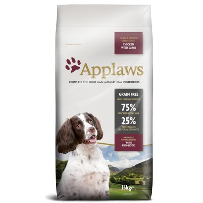 Applaws hundfoder för små och medelstora raser, smak kyckling med lamm, spannmålsfritt, 75% kyckling med lamm, 25% grönsaker och naturliga extrakt, hypoallergent, 15 kg förpackning.