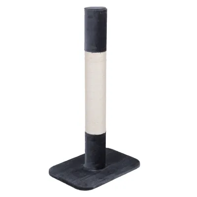 Scratching post with rectangular base, wrapped in sisal, top and bottom areas made of grey fabric.