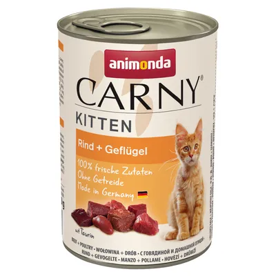 animonda Carny Kitten Rind + Geflügel, 100% frische Zutaten, Ohne Getreide, Made in Germany, immagine di un gattino e carne. Testo in tedesco e inglese visibile sulla confezione.
