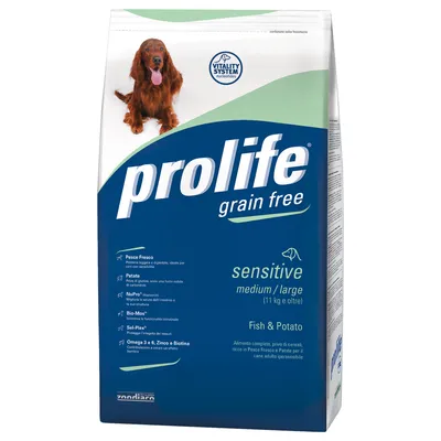 prolife grain free sensitive medium/large Fish & Potato. Vitality System с нуклеотиди, без зърнени храни, богат на прясна риба и картофи. За чувствителни кучета над 11 кг.