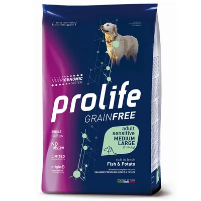 Prolife Grainfree Adult Sensitive Medium Large (11-44 kg), rico en pescado fresco y patatas, sin gluten, ingredientes limitados, producto de Italia.