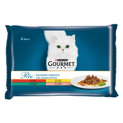 Pachet hrană umedă pentru pisici Purina Gourmet Perle, 4 x 85g. Vizibile sortimente: vită, pui, iepure, somon. Imagine cu o pisică albă și farfurie cu fâșii de carne în sos.
