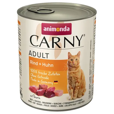 Animonda Carny Adult wołowina + kurczak, 100% świeżych składników, bez zbóż, Made in Germany. Puszka z kawałkami mięsa i kotem.