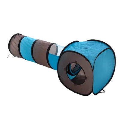 Spielzeug-Tunnel aus blauem und braunem Stoff mit Netzabschnitten, verbunden mit einem quadratischen Eingang. Geeignet für Haustiere zum Spielen oder Verstecken.