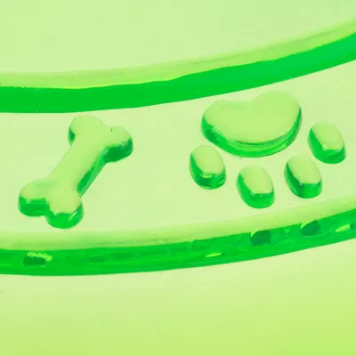 Grønt relief med motiv af knogle, hjerte og pote, muligvis dekorativt design til kæledyrsprodukter.