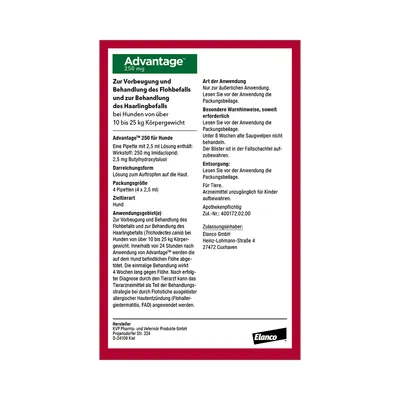 Advantage 250 mg. Zur Vorbeugung und Behandlung von Flohbefall bei Hunden über 10 bis 25 kg Körpergewicht. Packungsgröße: 4 Pipetten à 2,5 ml. Hersteller: Elanco GmbH.