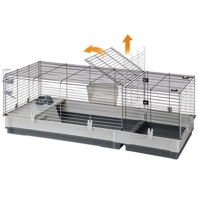 Gaiola retangular para pequenos animais com base em plástico cinzento, grades metálicas e tampa superior articulada aberta. Inclui bebedouro, divisória interna e comedouro visíveis.
