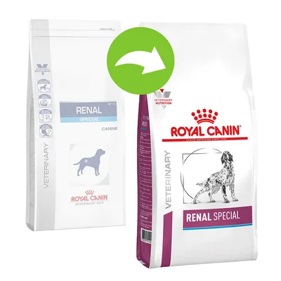 Royal Canin Renal Special -koiranruokapakkauksen ulkoasu muuttuu: vasemmalla vanha ja oikealla uusi pakkaus, molemmissa teksti 'RENAL SPECIAL' ja Royal Canin -brändi näkyvissä.