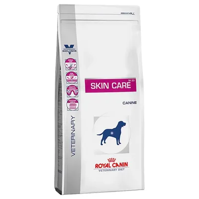 Royal Canin Veterinary Diet Skin Care SK23 Canine. Verpackung mit Symbolen für Hautpflege, Fellschutz, Verdauungsunterstützung und antioxidative Wirkung.