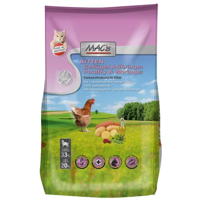 MAC's Kitten Geflügel & Shrimps tørfoder. Tekst: Made in Austria, Grain Free, 33 % protein, 20 % fedt. Billeder af kylling, kartofler, olieflaske, rejer og urter på posen.