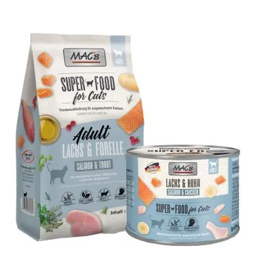 MAC's Super Food for Cats Adult, confezione di crocchette Lachs & Forelle e lattina Lachs & Huhn. Testo visibile in inglese e tedesco su entrambi i prodotti.
