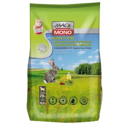 Confezione di MAC's MONO Adult Cat Monoprotein Kaninchen, alimento secco per gatti adulti, 29% proteine grezze, 18,5% grassi grezzi, senza cereali né patate, made in Austria.