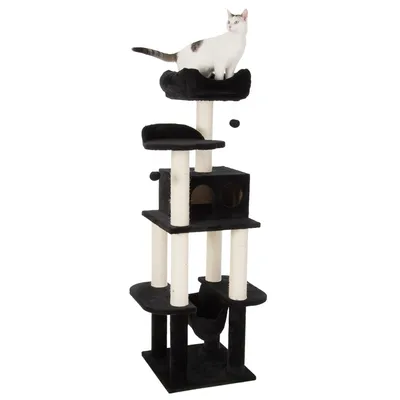 Schwarzer Kratzbaum mit mehreren Ebenen, Sisalstangen und Liegeflächen. Eine weisse Katze sitzt auf der obersten Plattform.