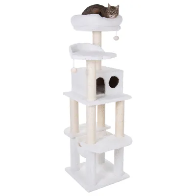 Weisser Kratzbaum mit mehreren Ebenen, Höhle, Liegeflächen und Spielbällen. Katze liegt auf der obersten Plattform.