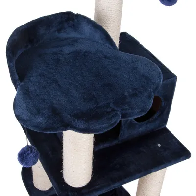 Krabpaal met donkerblauwe pluche ligplateau in pootvorm, sisalpalen en speelbal. Inclusief kubusvormig huisje met ronde opening.