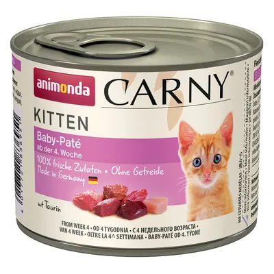 Animonda Carny Kitten Baby-Paté, suitable from week 4, made in Germany, 100% fresh ingredients, grain-free, with taurine. Product image shows food pieces and a kitten.