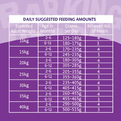 Daily suggested feeding amounts table showing expected adult weight, age in months, grams per day, and number of meals for weights from 10kg to 40kg.