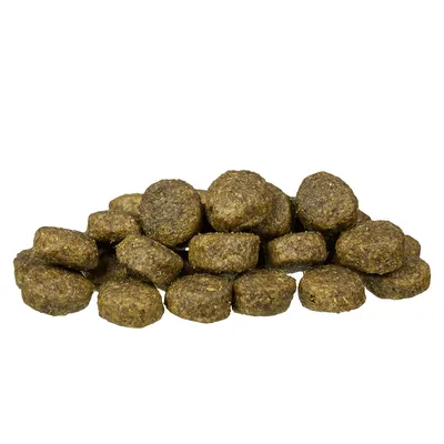 Croquettes rondes de couleur brune, empilées sur fond blanc. Aucun emballage ni marque visible.