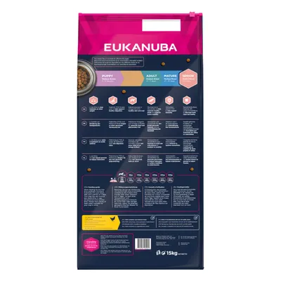 Confezione Eukanuba 15 kg, tabella alimentare per peso del cane, suddivisione fasi Puppy, Adult, Mature, Senior, icone con benefici, testo informativo e ingredienti visibili.