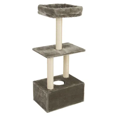 Arbre à chat gris avec base carrée, deux plateformes recouvertes de tissu et poteaux en sisal clair, panier supérieur rembourré, trou circulaire visible sur la plateforme inférieure.