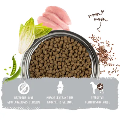 Futternapf mit Trockenfutter, Erbsen, Chicorée, Hähnchenfleisch und Leinsamen. Symbole: Rezeptur ohne glutenhaltiges Getreide, Muschelextrakt für Knorpel & Gelenke, effektive Gewichtskontrolle. Futternapf mit Trockenfutter, Erbsen, Chicorée, Hähnchenfleisch und Leinsamen. Symbole: Rezeptur ohne glutenhaltiges Getreide, Muschelextrakt für Knorpel & Gelenke, effektive Gewichtskontrolle.