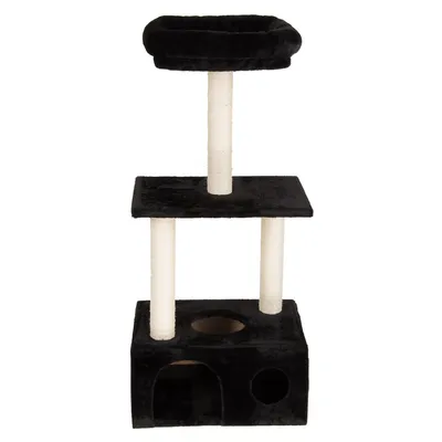 Arbre à chat noir avec trois niveaux, poteaux en sisal clair, niche carrée à la base, plateforme intermédiaire et panier rond en haut. Revêtement en tissu visible.