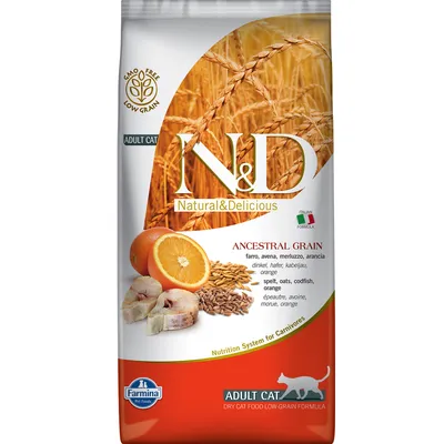 N&D Natural & Delicious Ancestral Grain Adult Cat Trockenfutter mit Dinkel, Hafer, Kabeljau und Orange. GMO free, Low grain. Farmina Pet Foods.