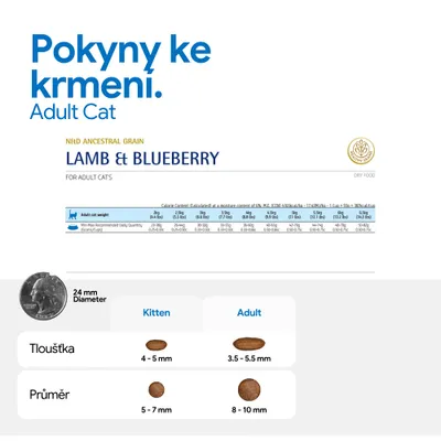 Doporučení pro krmení dospělých koček: jehněčí a borůvka. Tabulka s denními dávkami podle hmotnosti, velikosti granulí pro koťata a Adult, průměr a tloušťka v milimetrech.