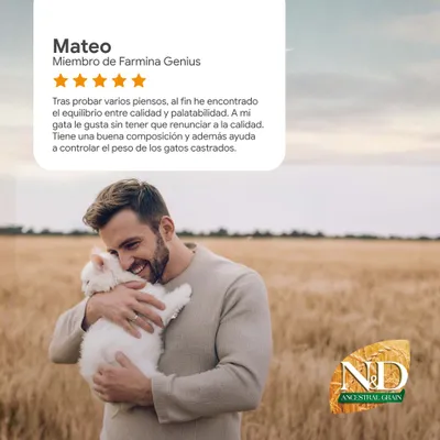 Reseña de cliente: Tras varias pruebas, finalmente un buen equilibrio entre calidad y sabor, ayuda a controlar el peso de los gatos esterilizados. Logo de N&D Ancestral Grain visible.