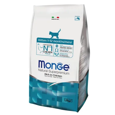Sac Monge Natural Superpremium pour chaton 1–12 mois, premier ingrédient poulet, riche en oméga-3/6 et calcium, poids net 1,5 kg, fabriqué en Italie. Texte en anglais et italien visible.