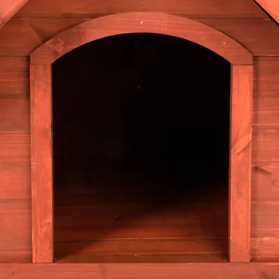 Entrada de caseta de madera para perro, estructura rectangular con arco en la parte superior, color marrón. No se observan marcas ni otros elementos visibles.