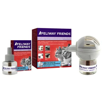 FELIWAY FRIENDS 30 päivän aloituspakkaus: pakkauksessa haihdutin, täyttöpullo ja laatikko, jossa kaksi kissaa sekä tekstiä useilla kielillä. Brändi: FELIWAY FRIENDS.