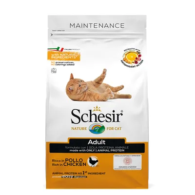 Schesir Nature for Cat Adult, bohaté na kuře, s živočišným proteinem jako první složkou. Bez konzervantů a barviv, s přírodními ingrediencemi a antioxidanty.