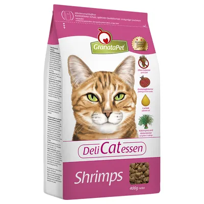 Корм для кошек GranataPet DeliCatessen Shrimps, 400 г. Видны надписи: без зерна, гранатовые семена, лососевое масло, кошачья трава и мята.